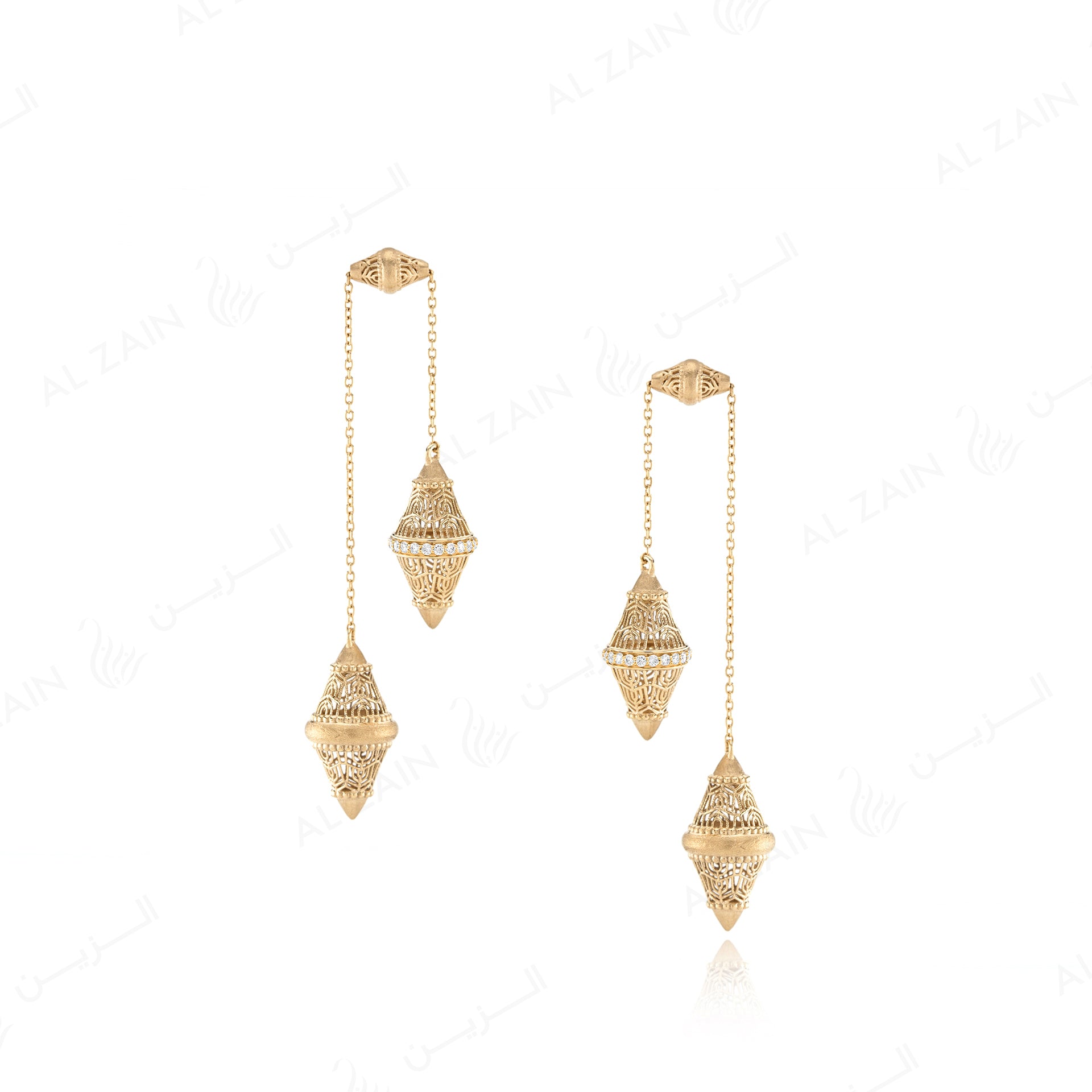 Al Merriyah in 18k yellow gold edition. Matte finish earrings with diamonds